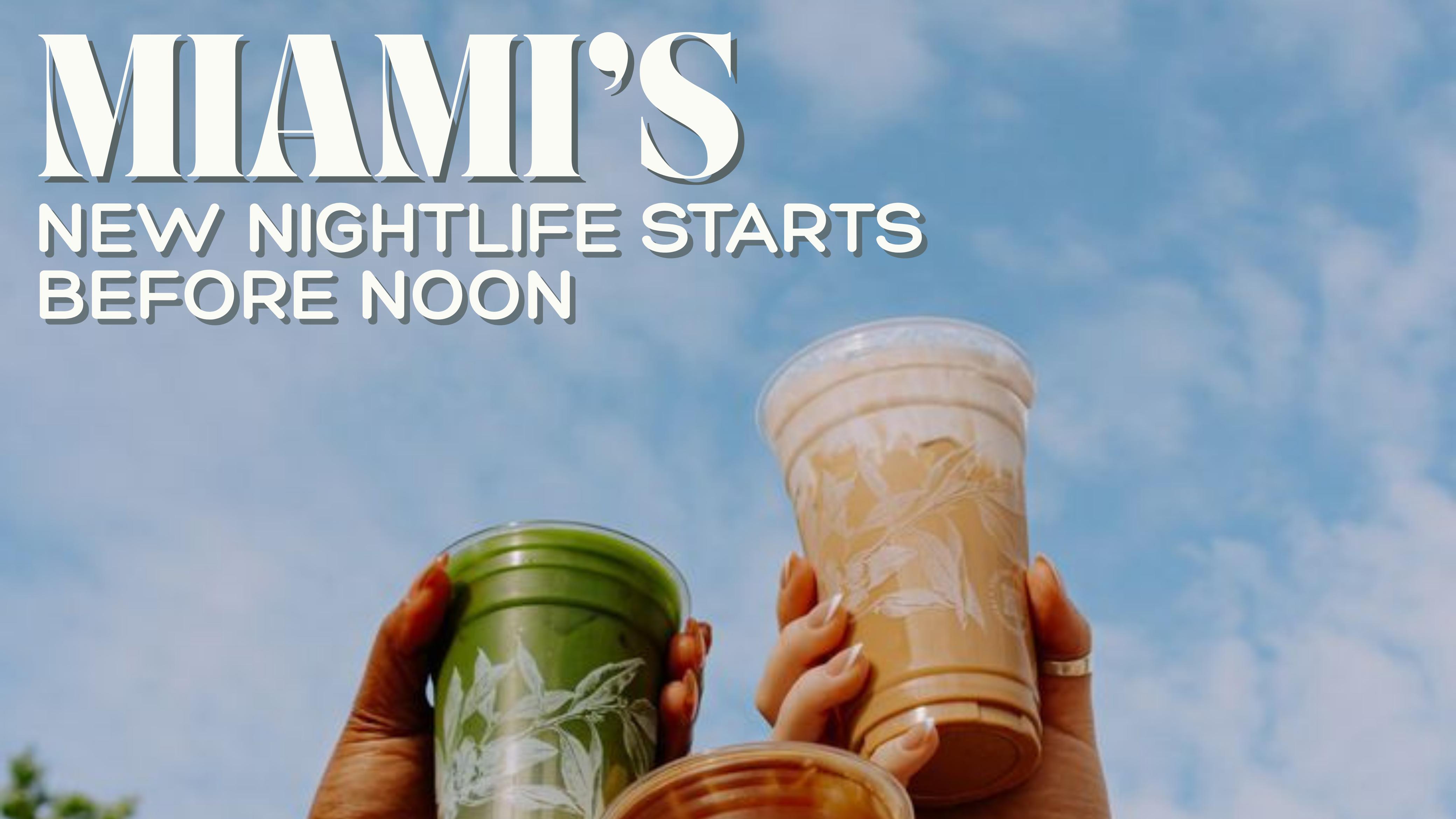 Young adults dancing with iced coffee at a daytime DJ party in Miami