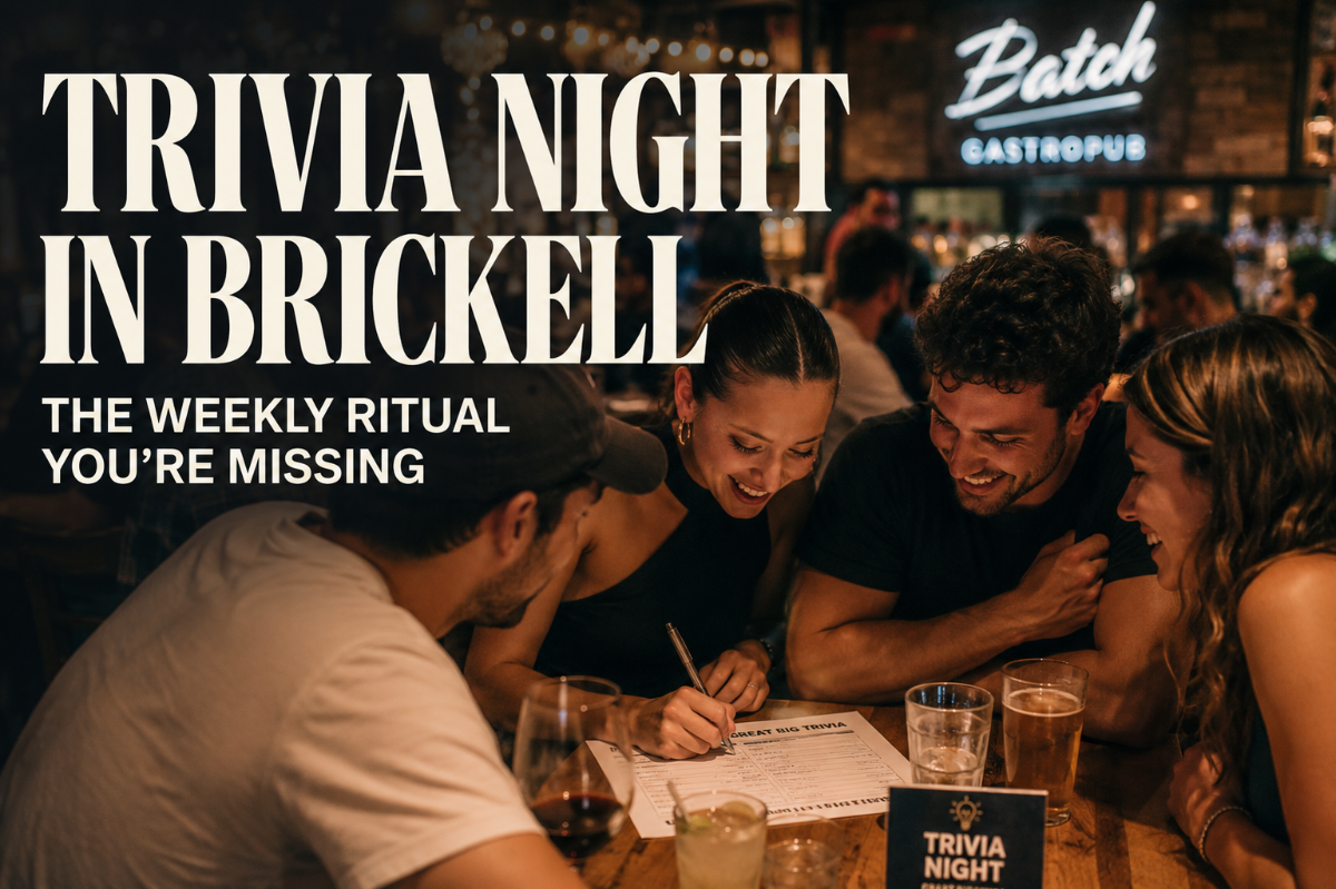 Friends playing trivia at a neighborhood bar in Brickell, Miami