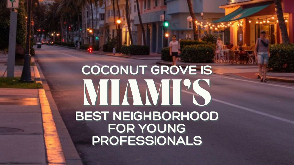 A tree-lined street in Coconut Grove, Miami, with banyan trees shading the sidewalk near the neighborhood's walkable village center.