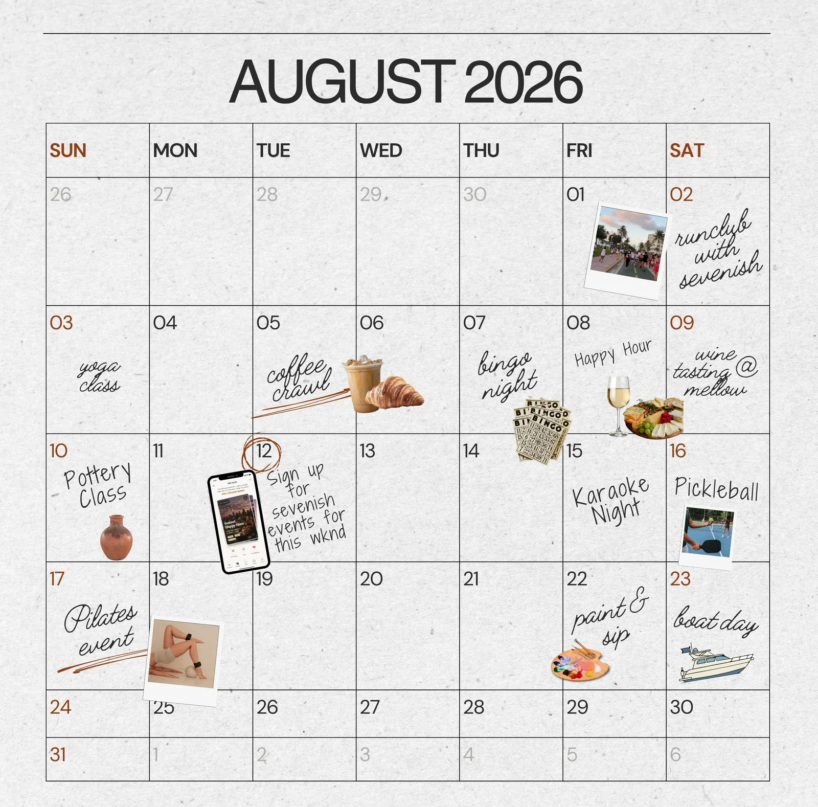 A sample month on Sevenish: run club, coffee crawl, pottery, karaoke, paint and sip, boat day and more across August