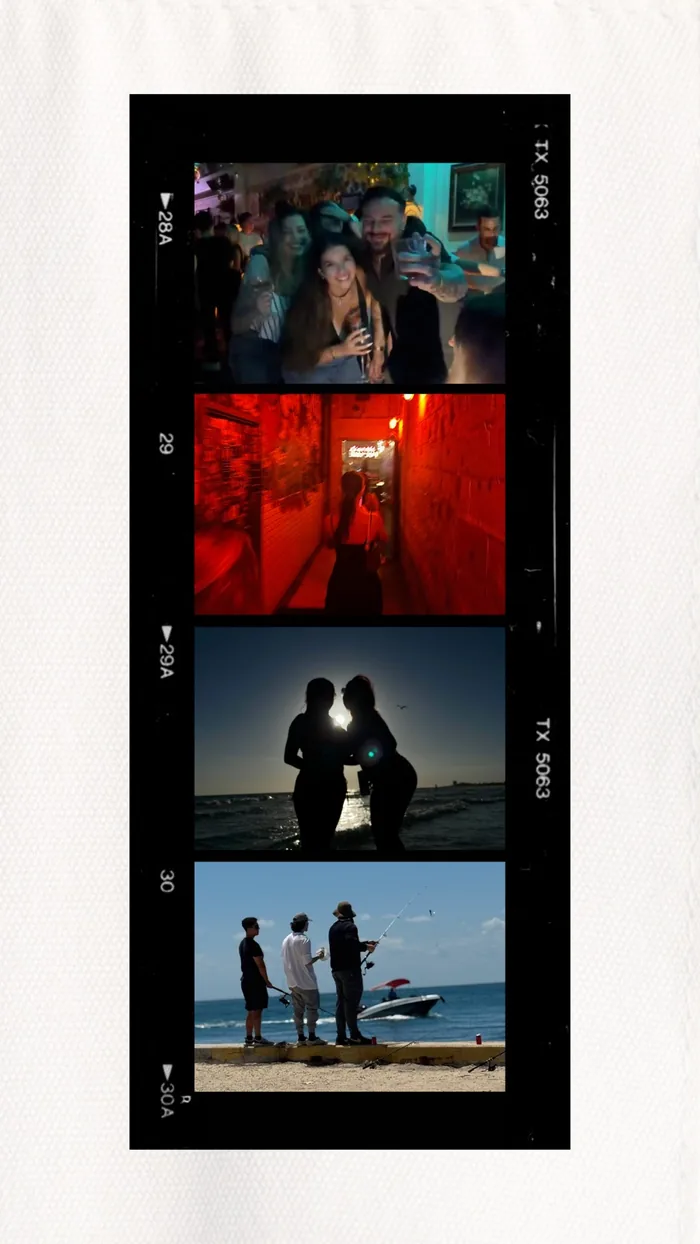 A developed film strip of a Sevenish night out in Miami: a rooftop party, a neon-lit bar hallway, two friends at a beach sunset, and an afternoon fishing off the pier