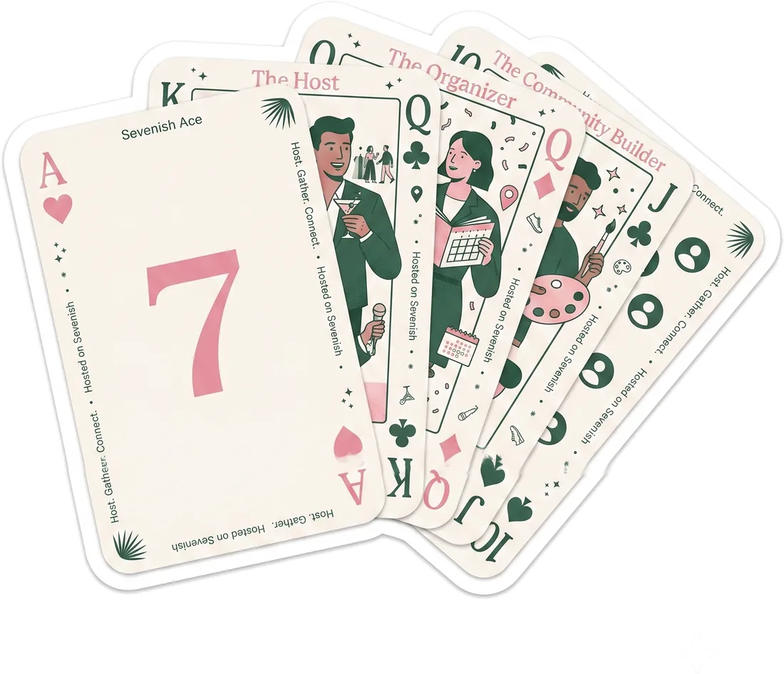 A fanned spread of Sevenish playing cards: the Sevenish Ace of hearts and illustrated face cards for The Host, The Organizer, and The Community Builder